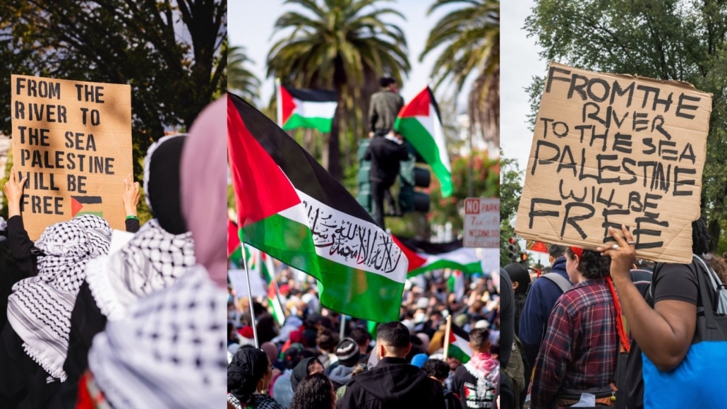Pro-Hamas and Pro-Palestinian protestors with flags and signs with text 